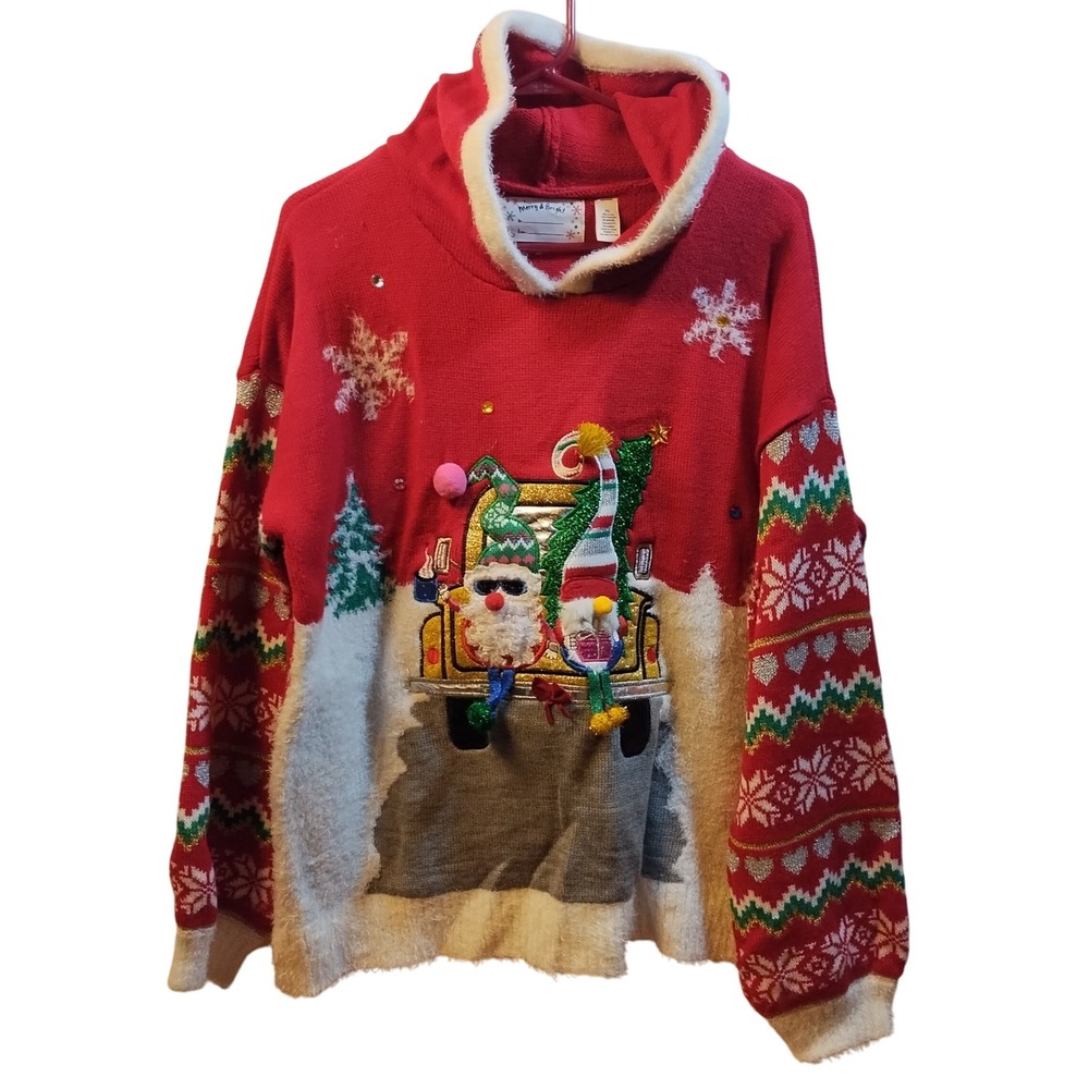 Merry Bright Ugly Christmas Sweater Red Santa Truck Holiday Hoodie Woman's XL